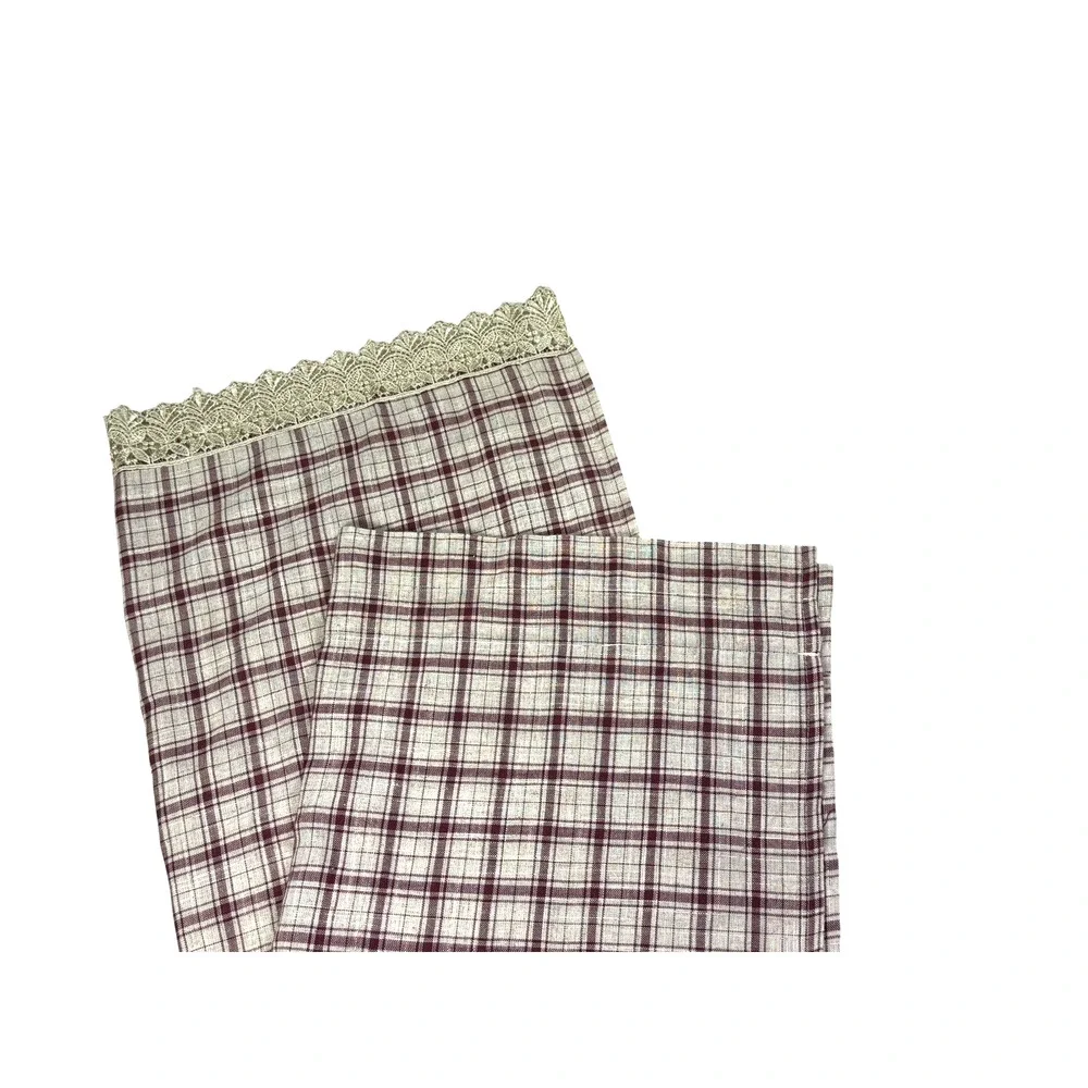 1 Single Vintage Curtain Panel Short Drape Red Beige Plaid Gold Lace Trim Linen